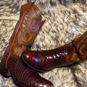 Tony Lama Rich Brown and Tan Western  Caiman & Leather Boots Sz 8.5 D